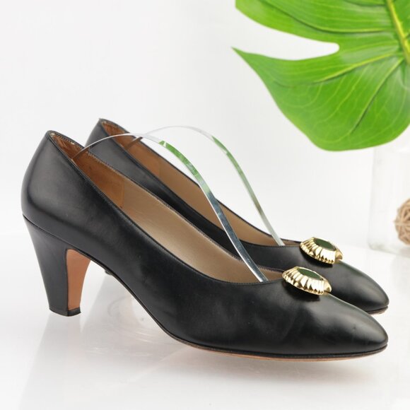 VTG Salvatore Ferragamo Womens Pump Size 8.5 B Black Gold Button Dress Shoe Heel - Picture 1 of 12